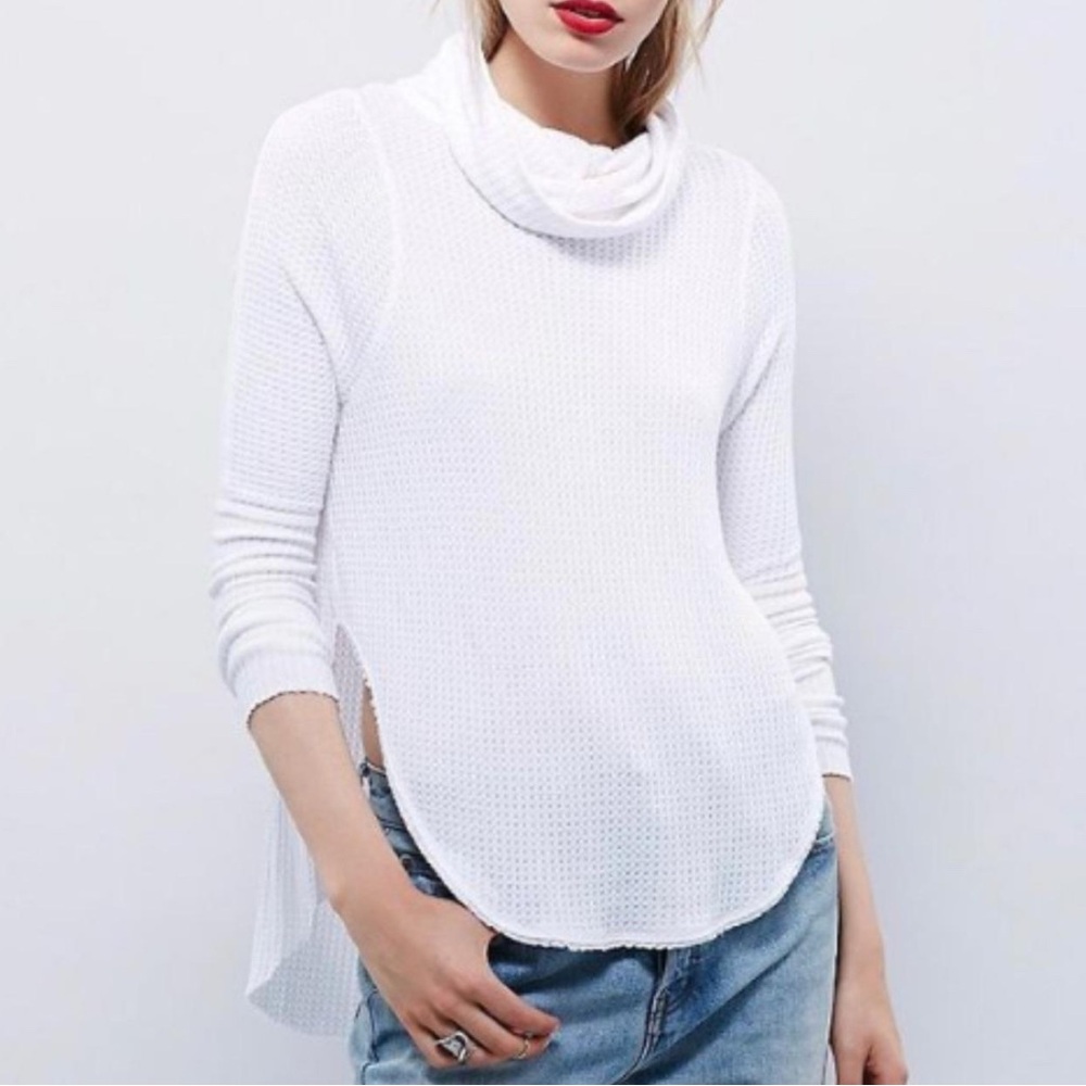 Free People We The Free White Cowl Neck Long Sleeve Waffle Top